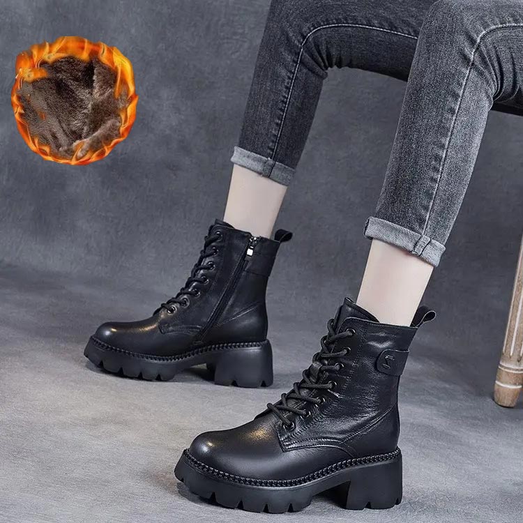 Women's Lace Up Mid Ankle Boots Chunky Sole