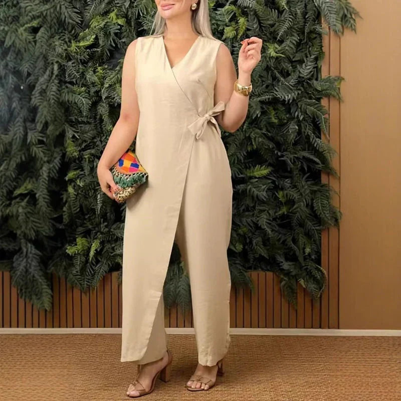 Pink Women's Sleeveless Wide Leg Belted Jumpsuit