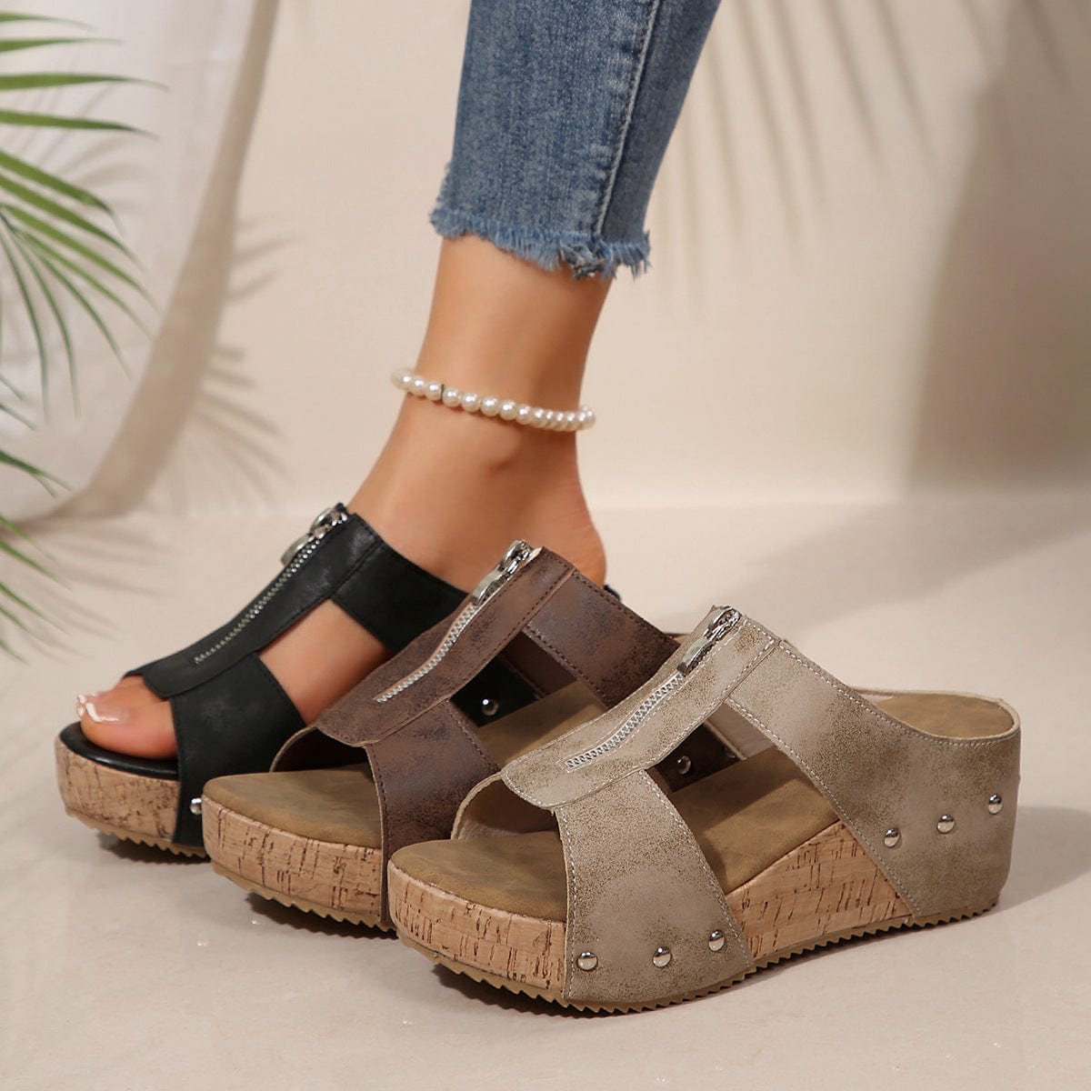 Comfortable Arch Support Wedge Sandals with Zip Closure