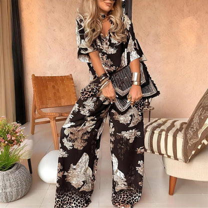 Women's V-Neck And Wide Leg Pants Set - VibreMode