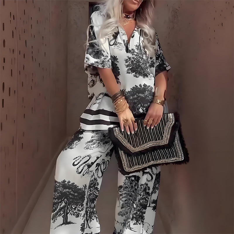 Warm Floral V-Neck Top and Pants Set