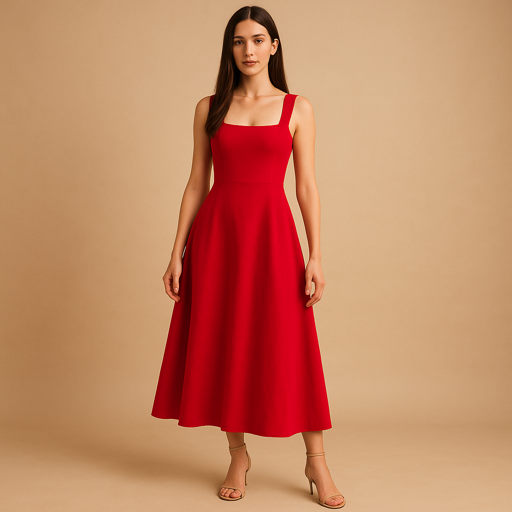 Women’s square neck midi dress with wide straps and elastic waist, perfect for weddings, parties, and casual elegant occasions.
