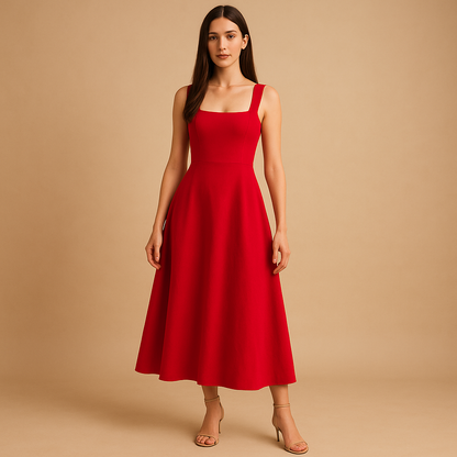 Women’s square neck midi dress with wide straps and elastic waist, perfect for weddings, parties, and casual elegant occasions.