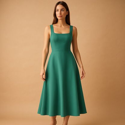 Women’s square neck midi dress with wide straps and elastic waist, perfect for weddings, parties, and casual elegant occasions.
