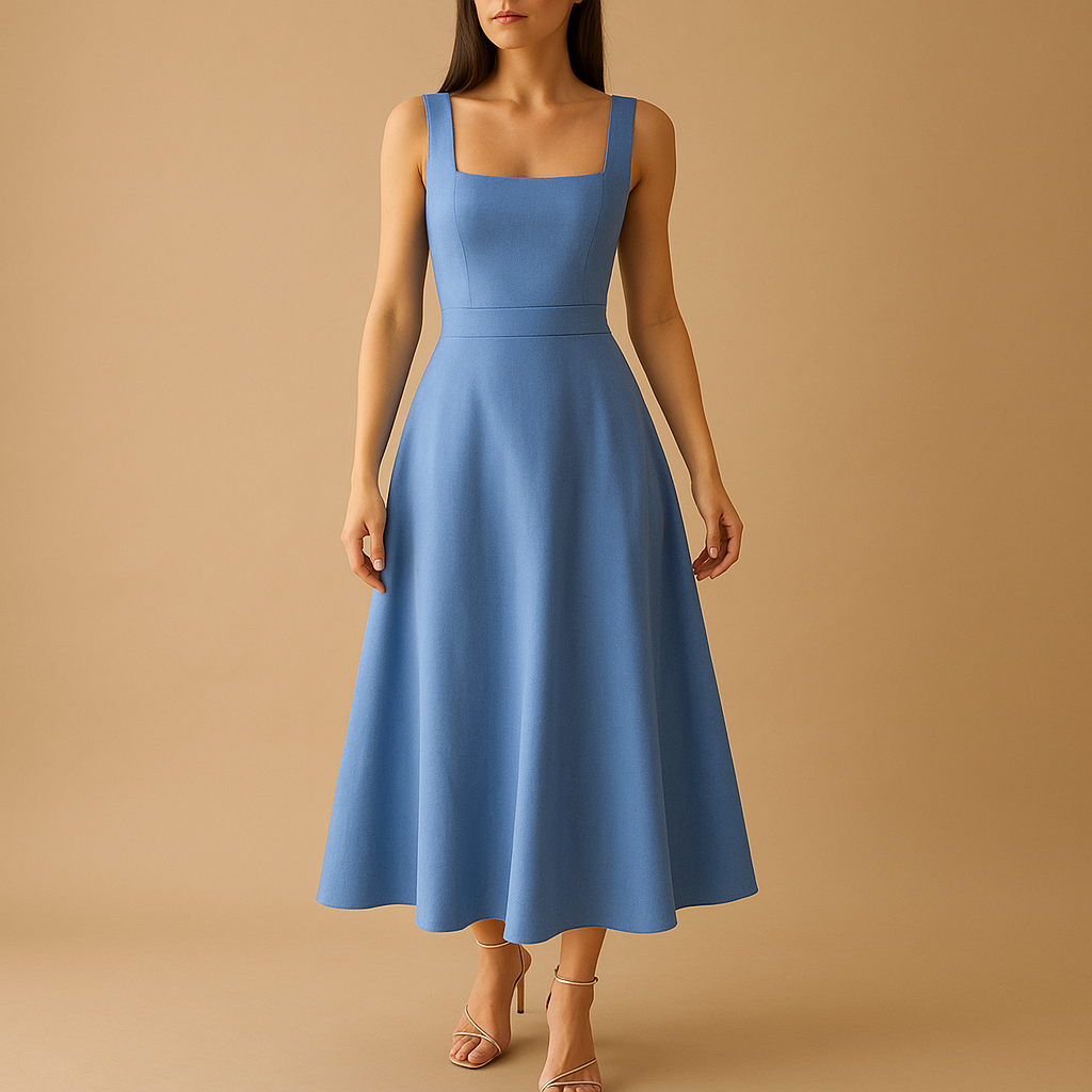 Women’s square neck midi dress with wide straps and elastic waist, perfect for weddings, parties, and casual elegant occasions.
