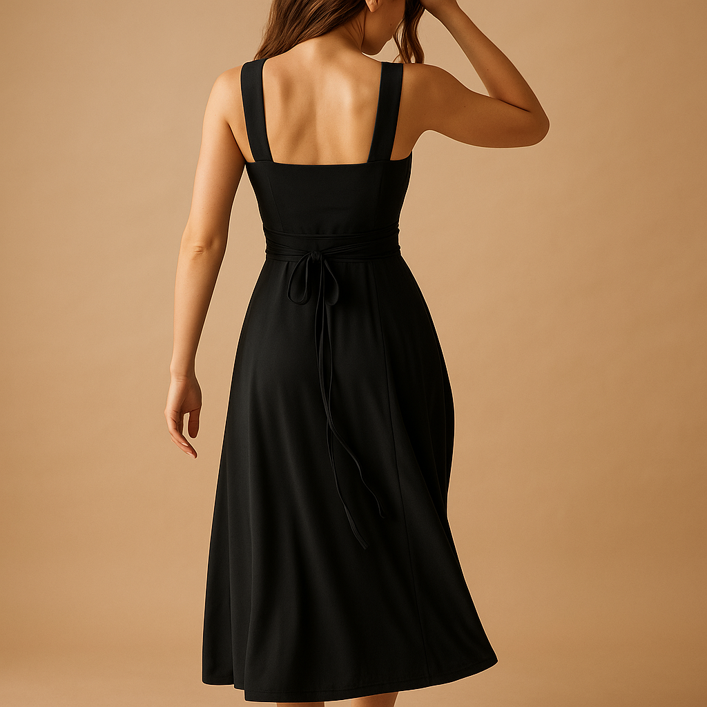 Women’s square neck midi dress with wide straps and elastic waist, perfect for weddings, parties, and casual elegant occasions.