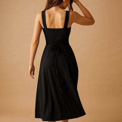 Women’s square neck midi dress with wide straps and elastic waist, perfect for weddings, parties, and casual elegant occasions.