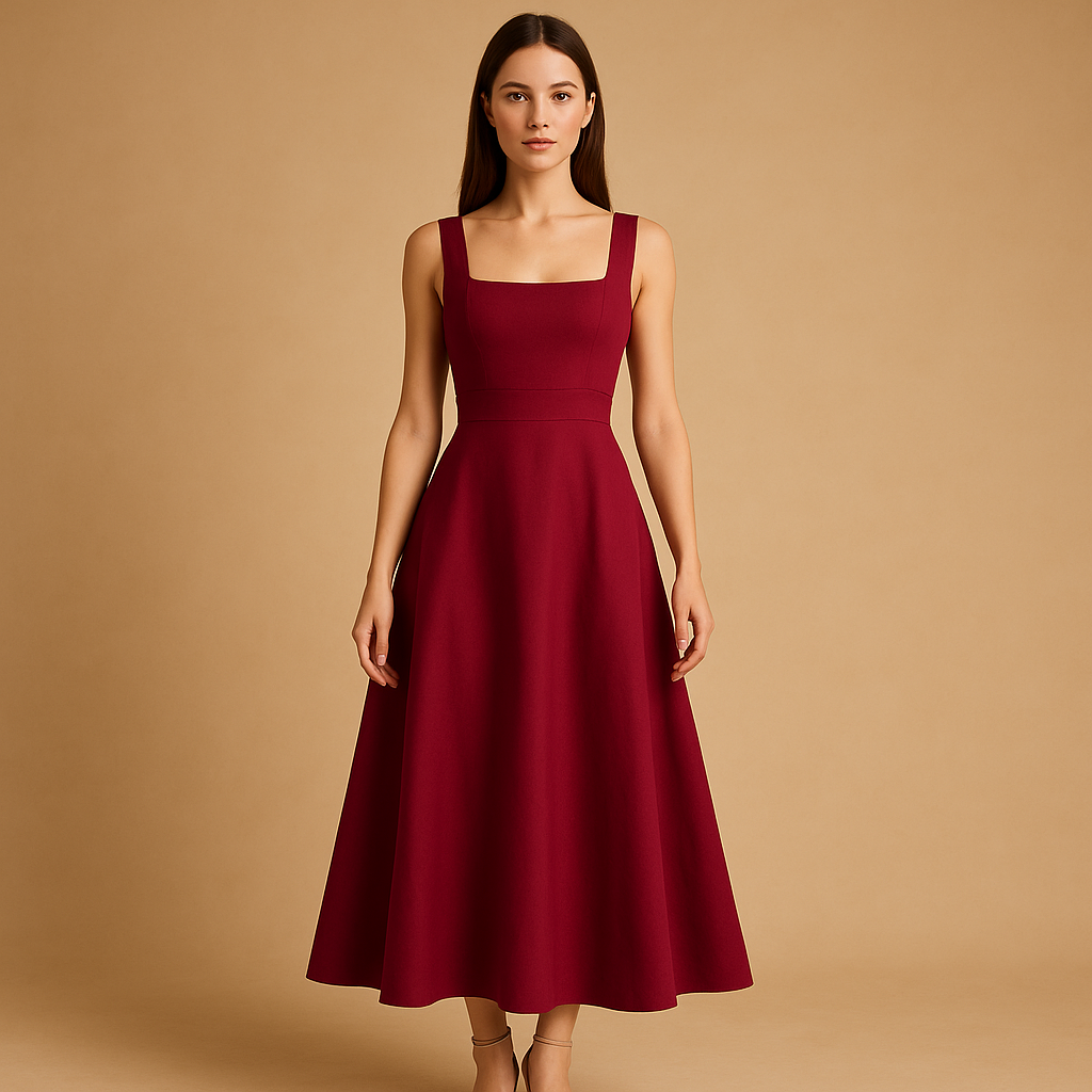 Square neck midi dress with wide straps and elastic waistband for women, ideal for weddings, parties, and elegant everyday wear.
