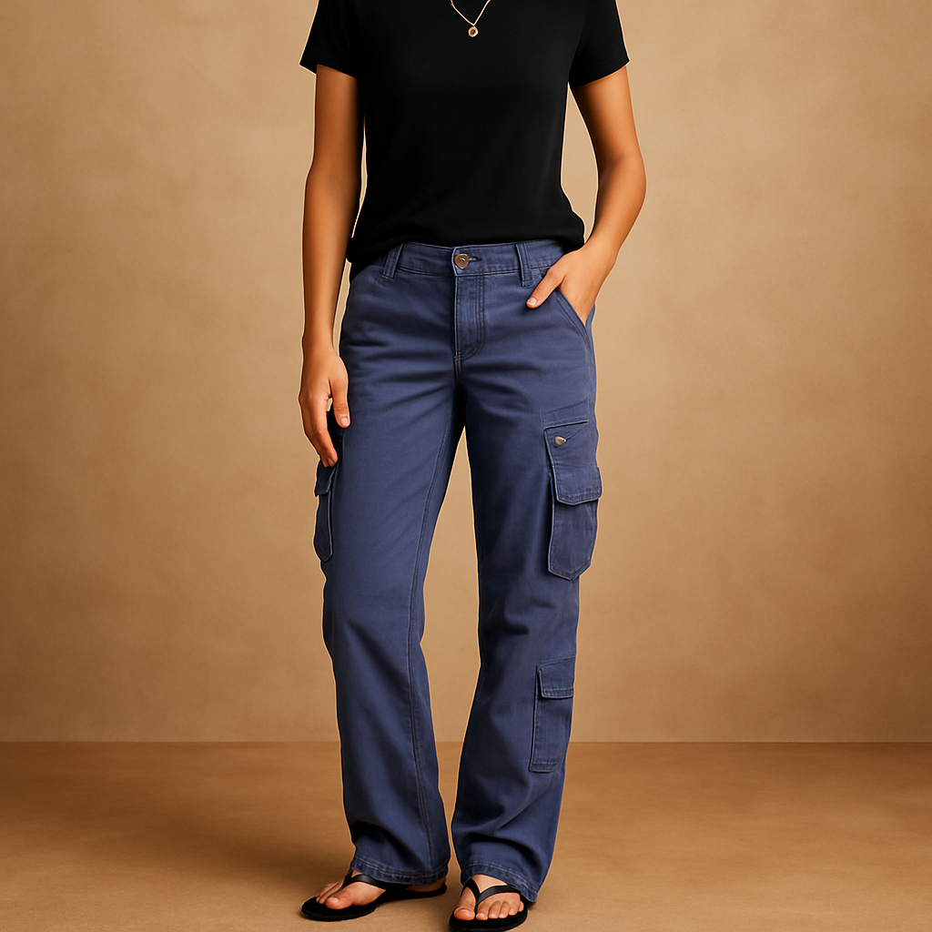 Straight leg cargo trousers for women with functional pockets and comfortable fit, perfect for casual outfits, travel, and everyday activities.