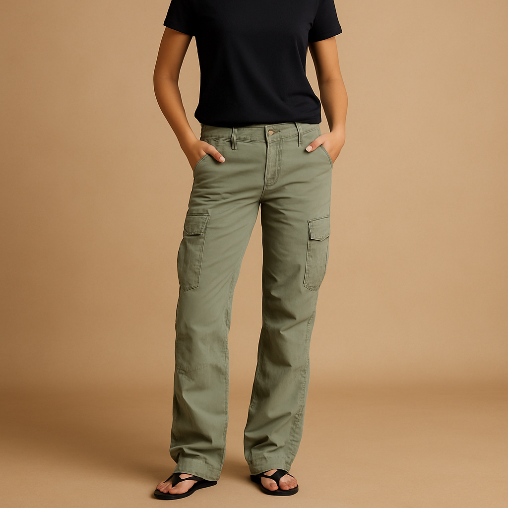 Straight leg cargo trousers for women with functional pockets and comfortable fit, perfect for casual outfits, travel, and everyday activities.