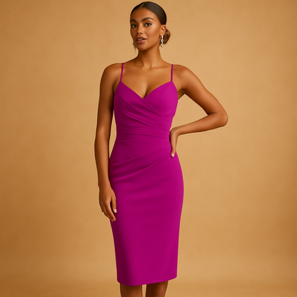 Strapless midi party dress for women with a flattering fitted silhouette, perfect for cocktail parties, weddings, and formal dinners.