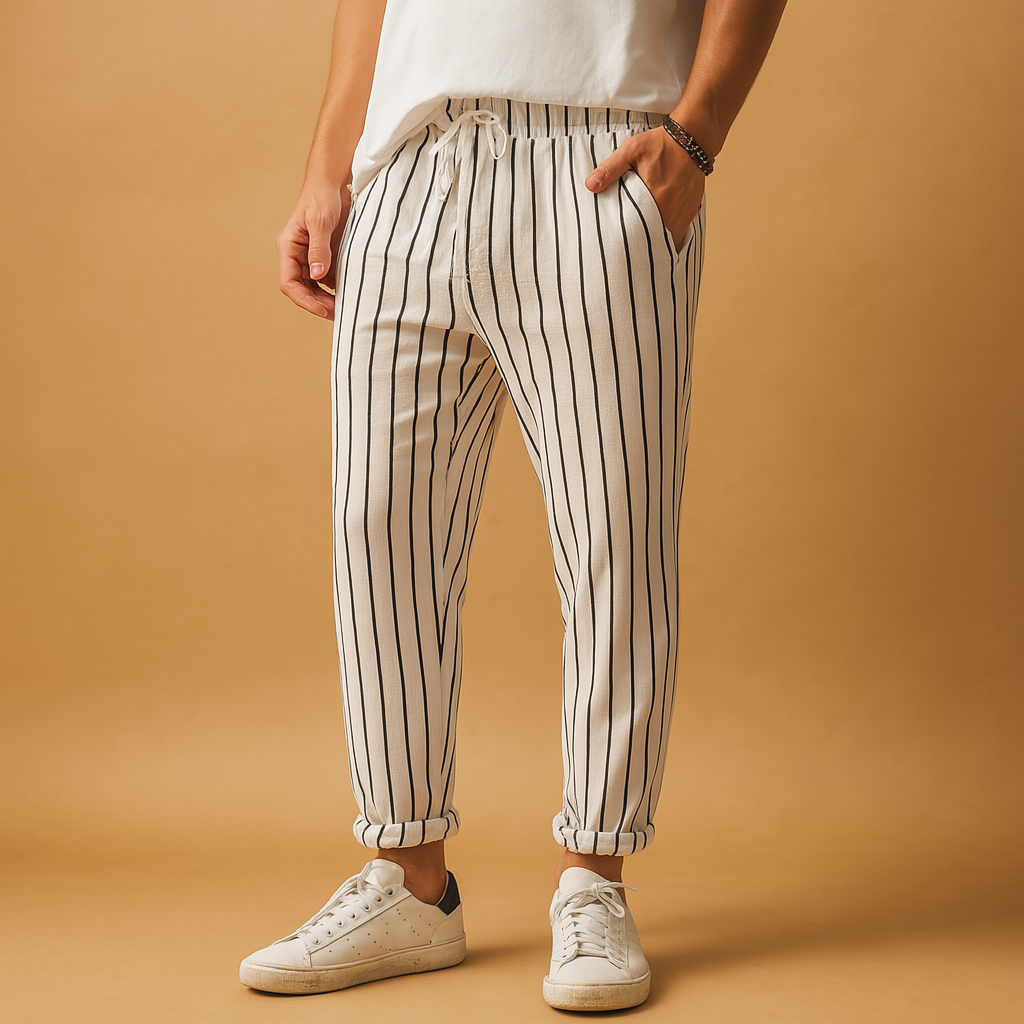 Striped casual drawstring pants for men with a relaxed fit and vertical stripe design, ideal for summer outfits, travel, and everyday wear.
