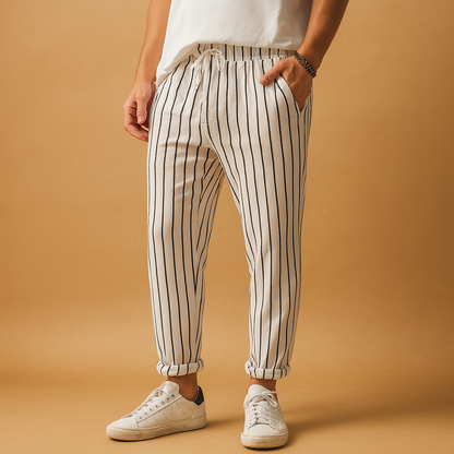 Striped casual drawstring pants for men with a relaxed fit and vertical stripe design, ideal for summer outfits, travel, and everyday wear.
