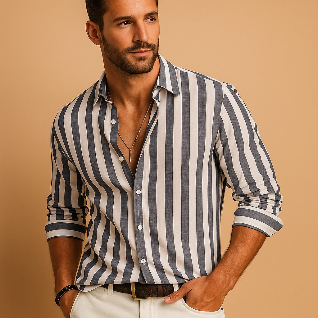Striped long sleeve dress shirt for men with a modern tailored fit and classic blue white stripe pattern, ideal for work, formal events, and everyday wear.