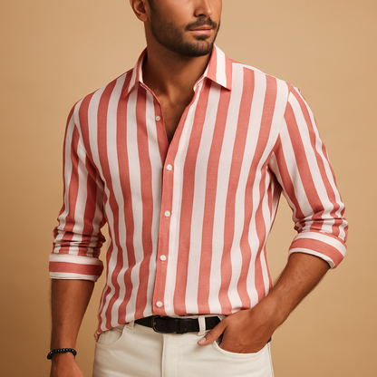 Striped long sleeve dress shirt for men with a modern tailored fit and classic blue white stripe pattern, ideal for work, formal events, and everyday wear.