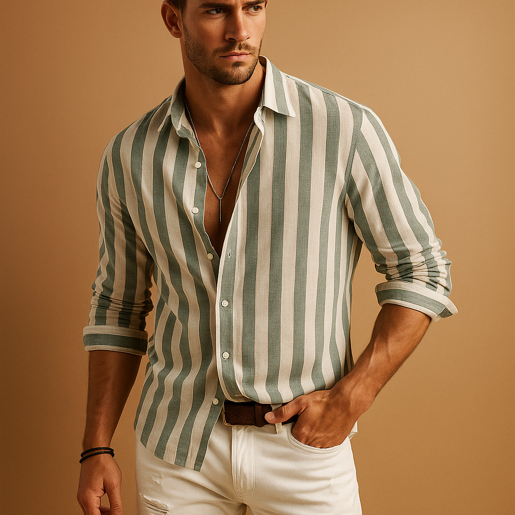 Striped long sleeve dress shirt for men with a modern tailored fit and classic blue white stripe pattern, ideal for work, formal events, and everyday wear.
