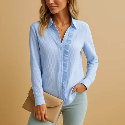 Women’s striped blouse with ruffles, soft fabric, and a feminine tailored fit, ideal for casual and dressed-up outfits.