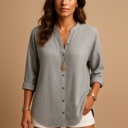 Striped v-neck blouse for women with long sleeves and a comfortable fit, suitable for work outfits, casual wear, and formal looks.