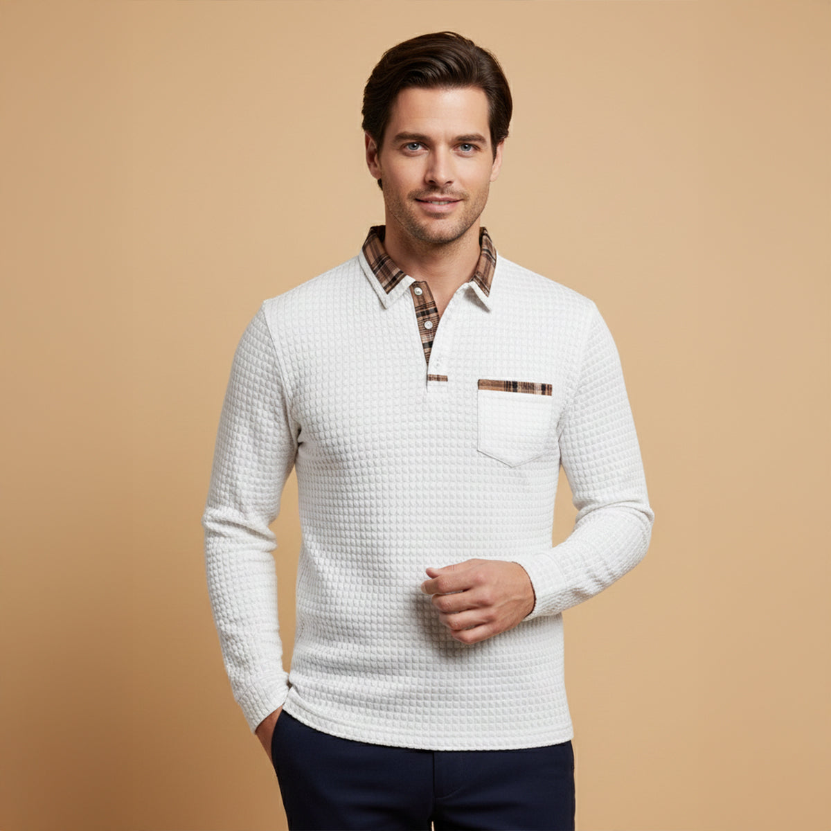 Men's Waffle Knit Polo Sweater Plaid Collar
