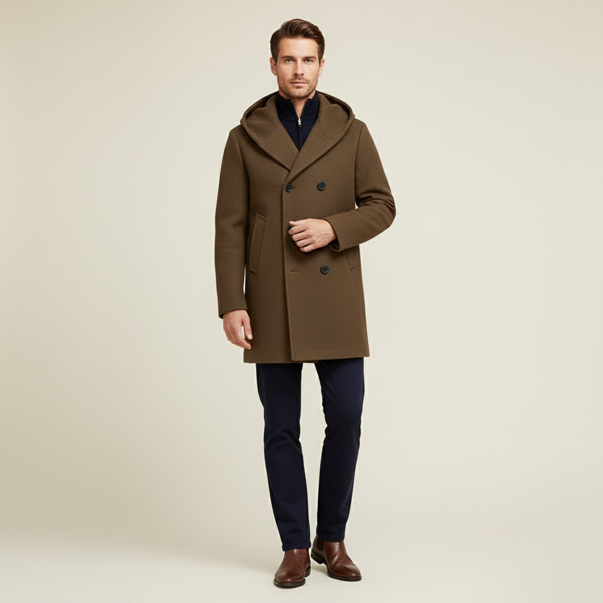 Men's Double Breasted Hooded Trench Coat