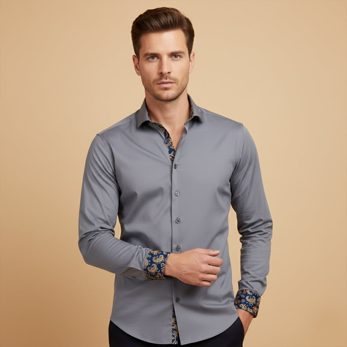 Men's Cotton Satin Dress Shirt Long Sleeve Gray