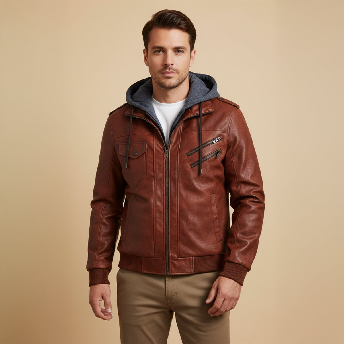 Men's Leather Bomber Jacket Hooded Classic Style