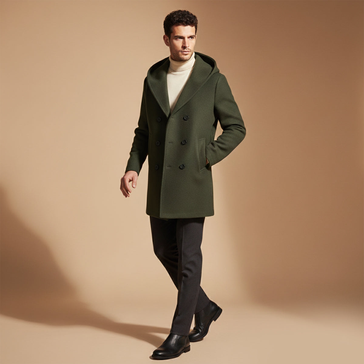Men's Double Breasted Hooded Trench Coat