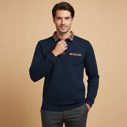 Men's Waffle Knit Polo Sweater Plaid Collar