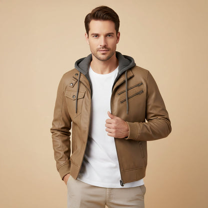 Men's Leather Bomber Jacket Hooded Classic Style