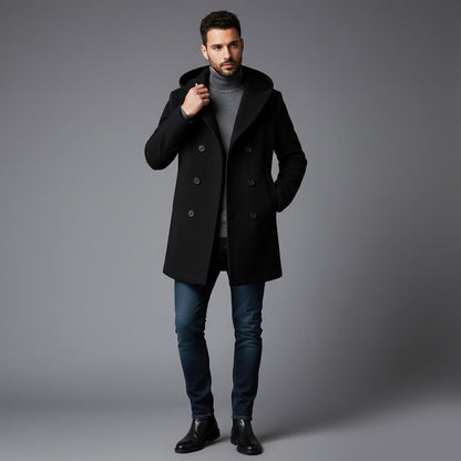 Men's Double Breasted Hooded Trench Coat