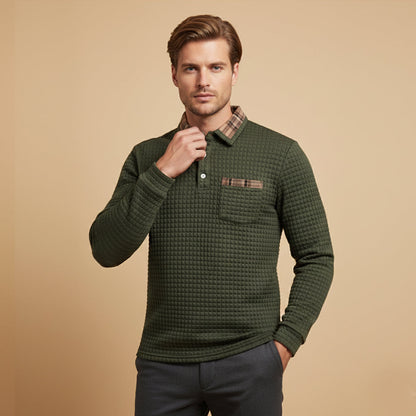 Men's Waffle Knit Polo Sweater Plaid Collar