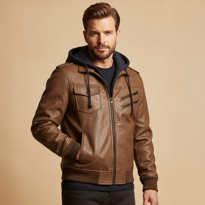 Men's Leather Bomber Jacket Hooded Classic Style