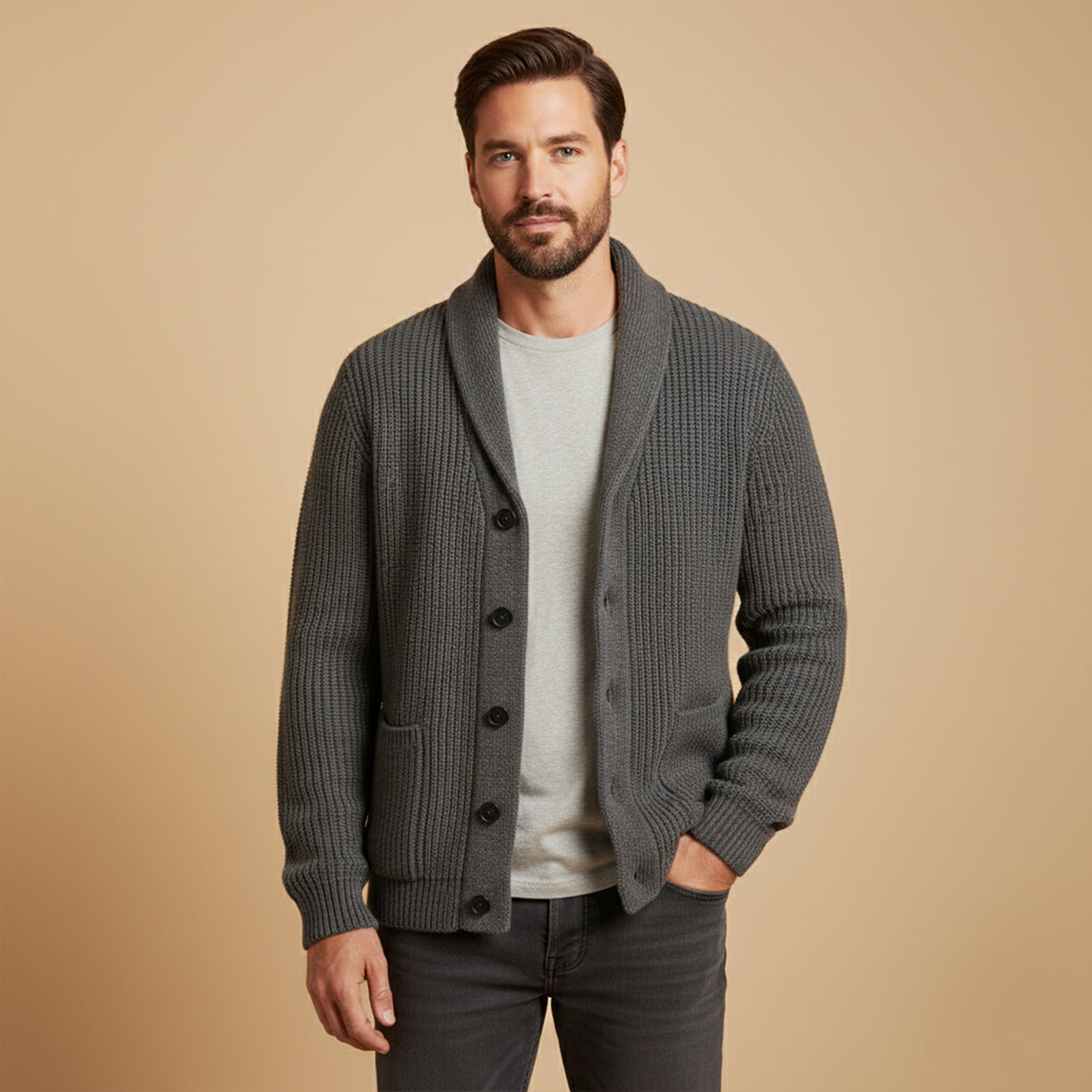 Men's Cotton Blend Cardigan Shawl Collar Chunky Knit