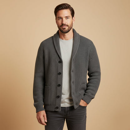 Men's Cotton Blend Cardigan Shawl Collar Chunky Knit