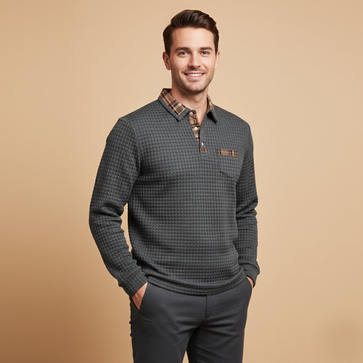 Men's Waffle Knit Polo Sweater Plaid Collar