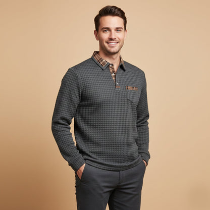 Men's Waffle Knit Polo Sweater Plaid Collar