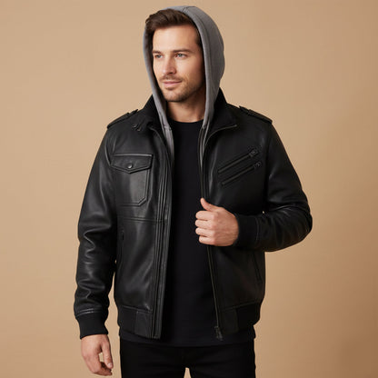 Men's Leather Bomber Jacket Hooded Classic Style