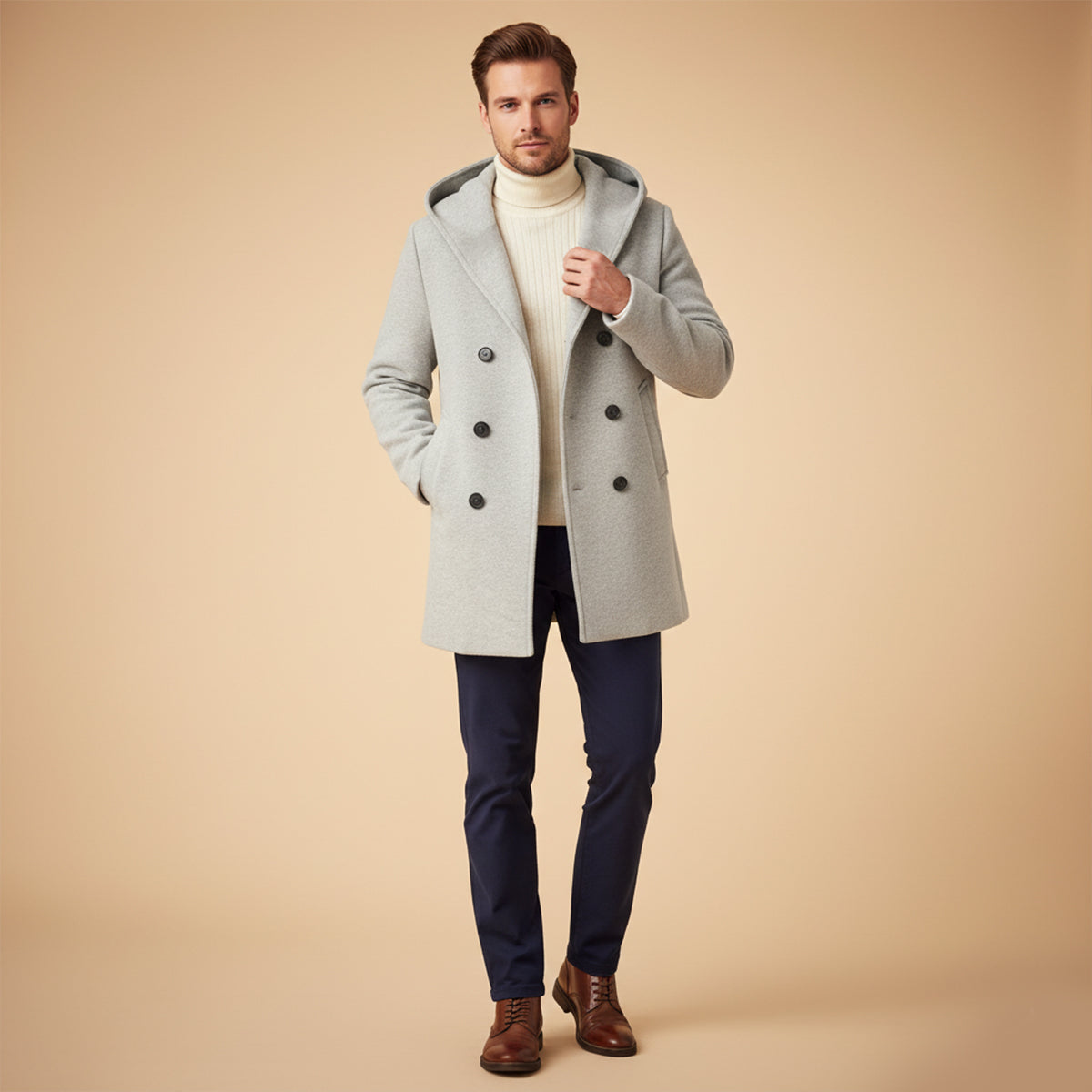 Men's Double Breasted Hooded Trench Coat