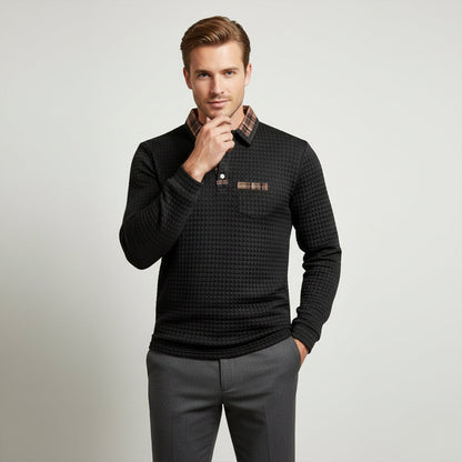 Men's Waffle Knit Polo Sweater Plaid Collar