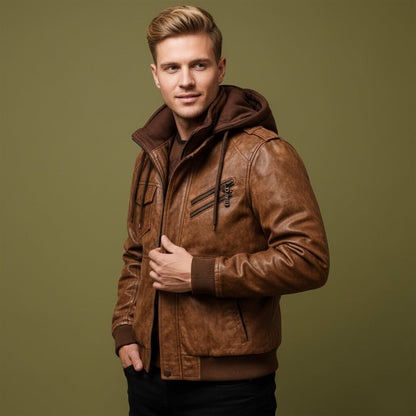 Men's Leather Bomber Jacket Hooded Classic Style