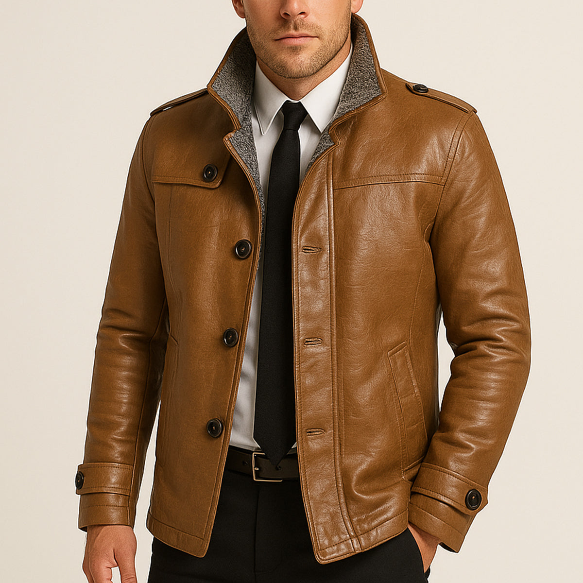 Men's Leather Jacket Fleece Lined Winter Coat