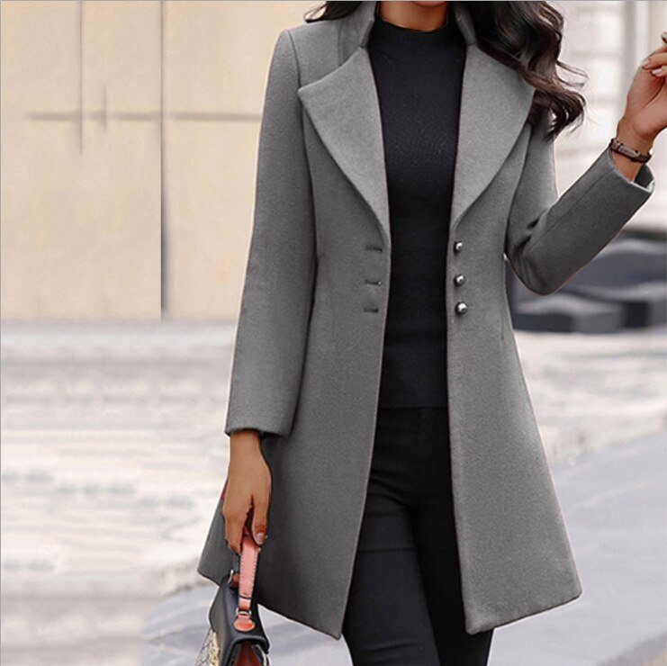 Women's Wool Blend Coat Mid-Thigh Length Notched Lapel