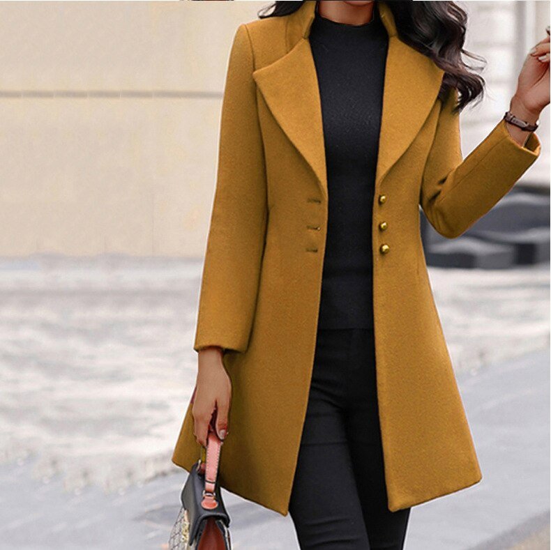 Women's Wool Blend Coat Mid-Thigh Length Notched Lapel