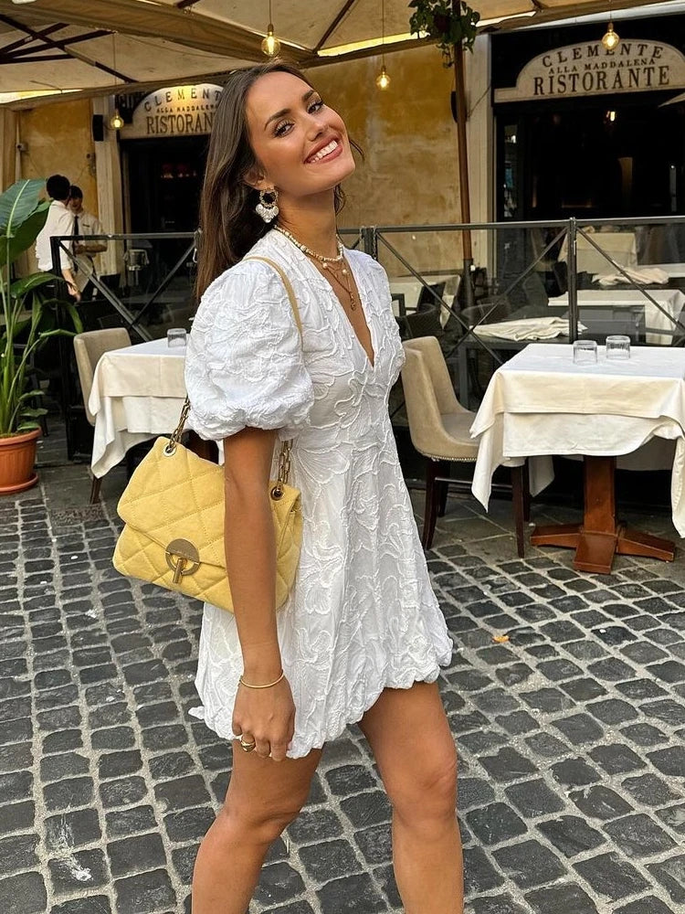 Image of Summer | Women's Puff Sleeve V-Neck Mini Dress