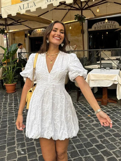 Image of Summer | Women's Puff Sleeve V-Neck Mini Dress