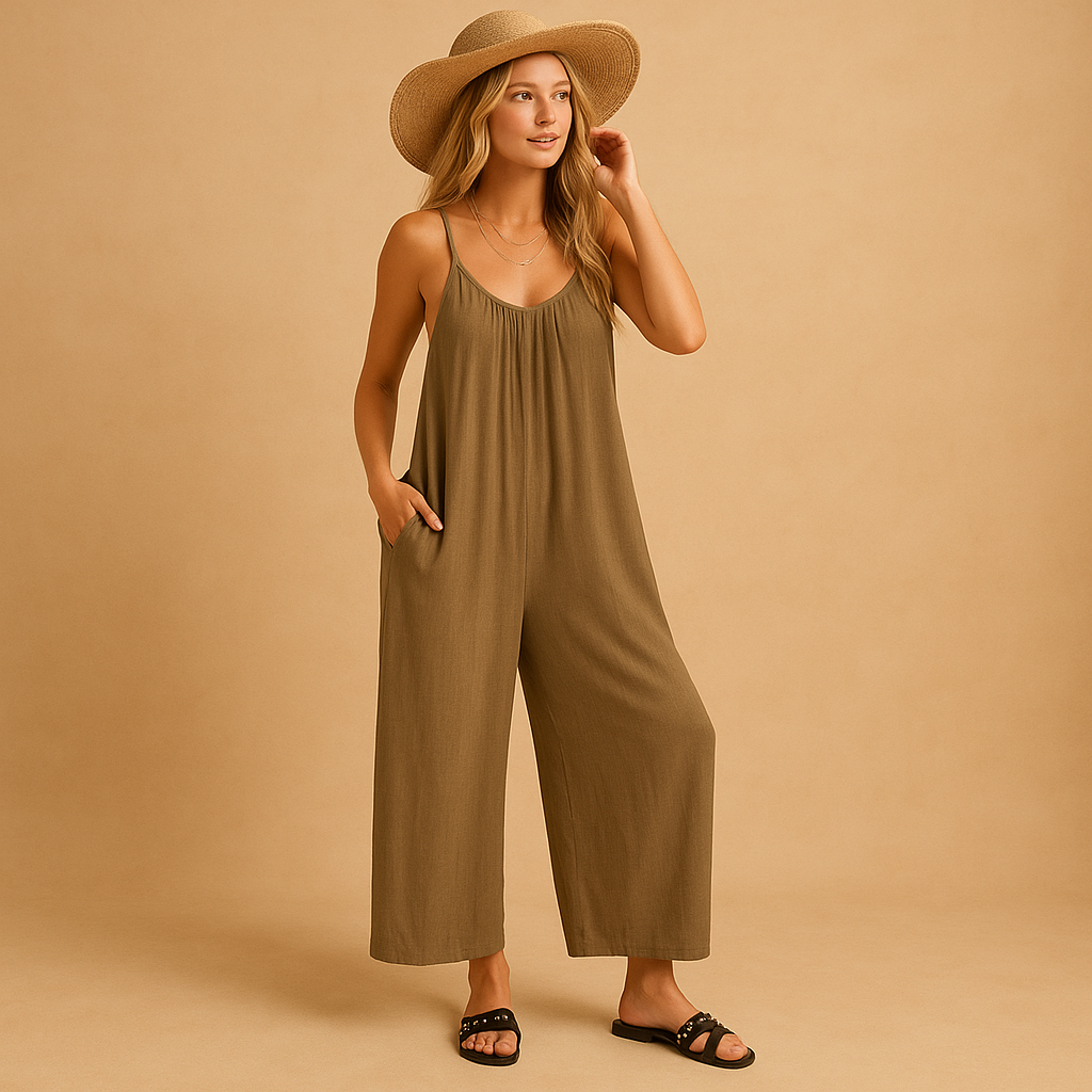 Woman wearing a loose summer jumpsuit with adjustable straps and an elastic waistband, ideal for holidays, parties, and warm days.