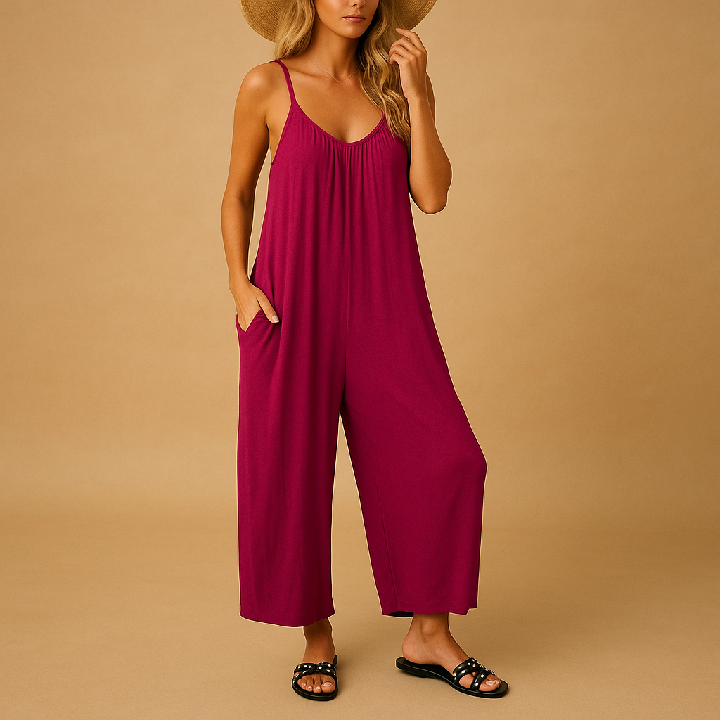 Woman wearing a loose summer jumpsuit with adjustable straps and an elastic waistband, ideal for holidays, parties, and warm days.