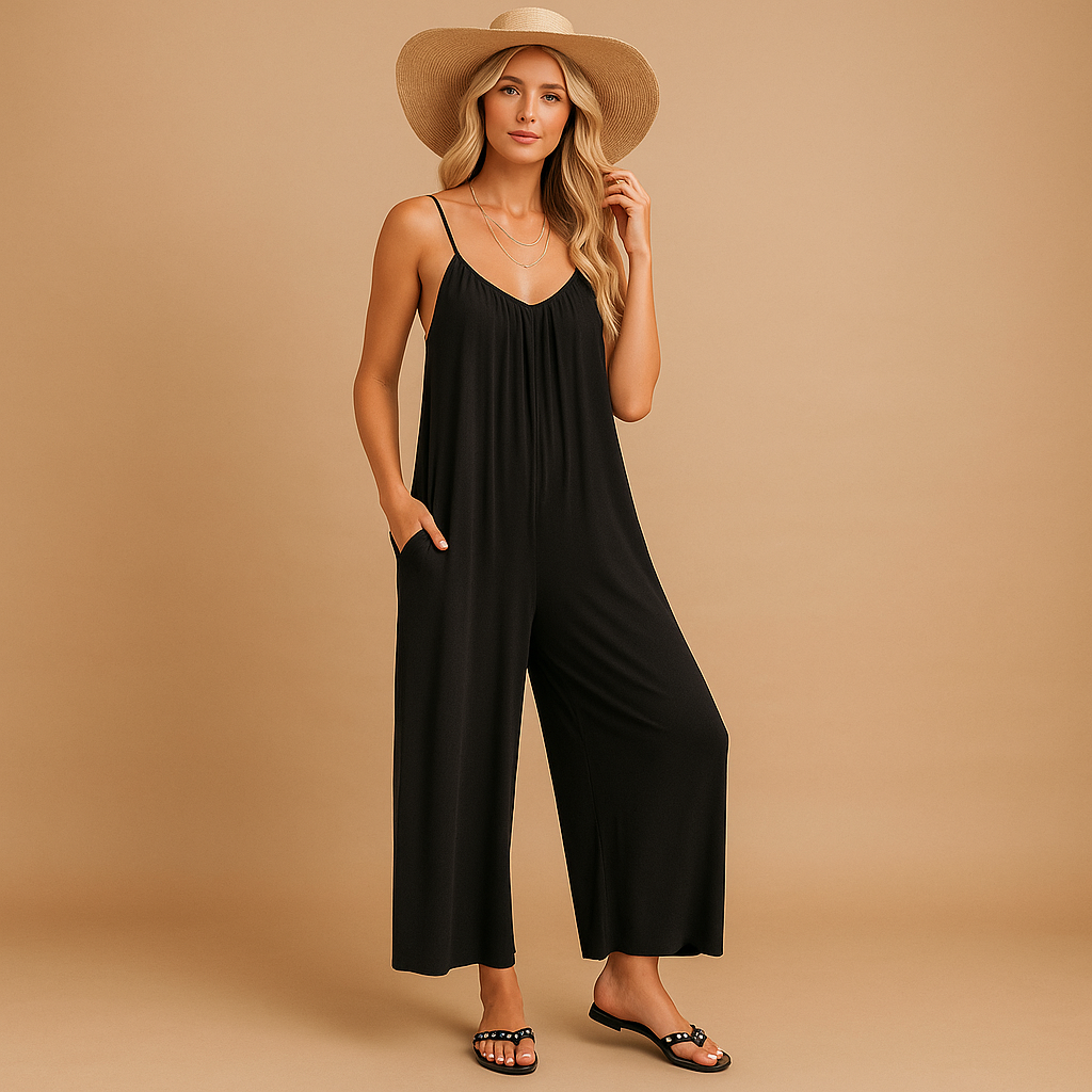 Woman wearing a loose summer jumpsuit with adjustable straps and an elastic waistband, ideal for holidays, parties, and warm days.