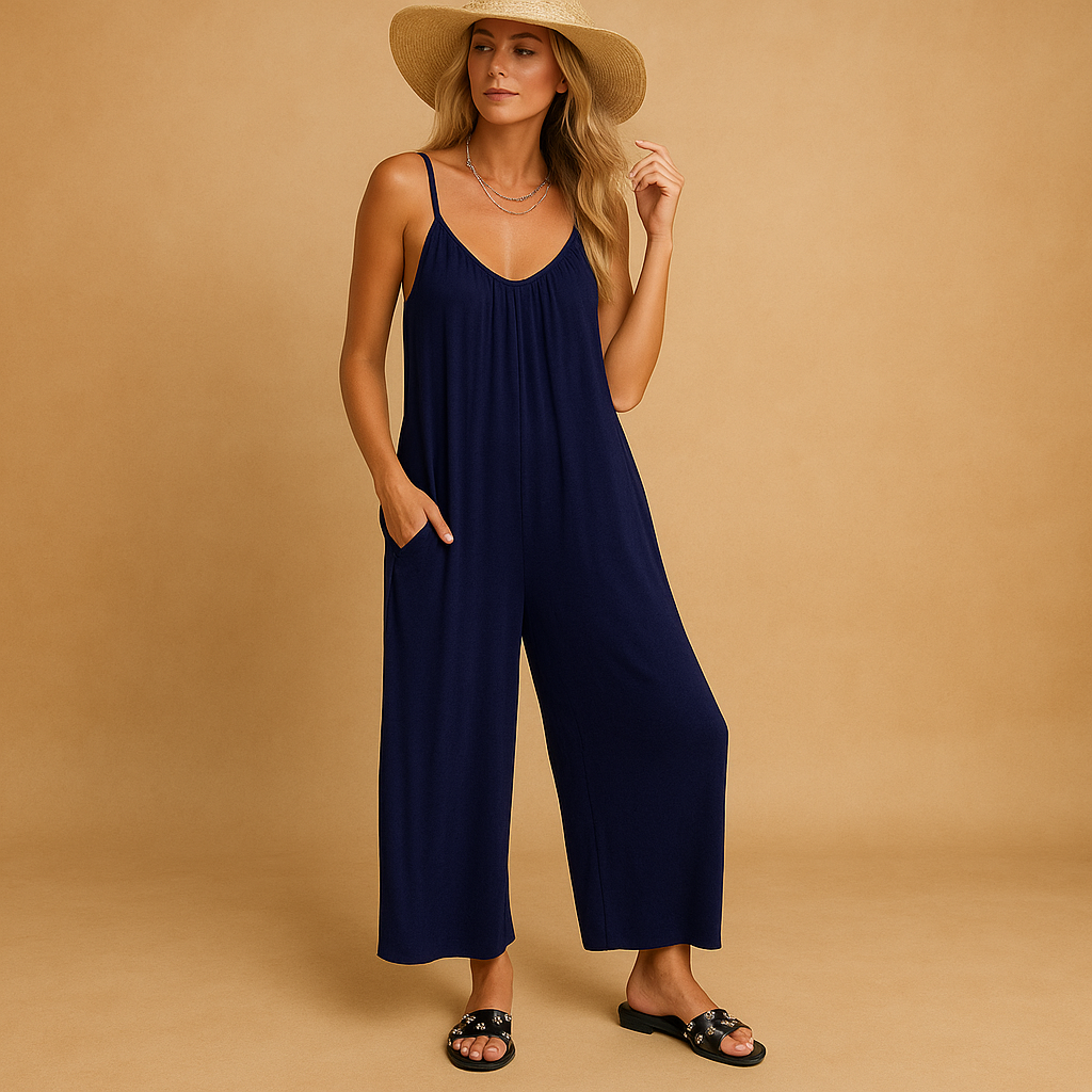 Woman wearing a loose summer jumpsuit with adjustable straps and an elastic waistband, ideal for holidays, parties, and warm days.