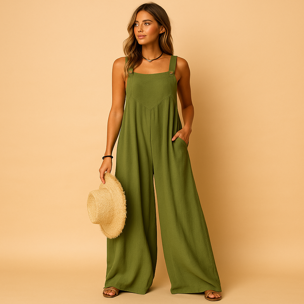 Woman wearing a high-waist wide-leg summer jumpsuit with button details and side pockets, perfect for warm casual days.